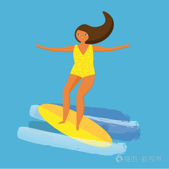 穿黄色泳装的女孩冲浪在船上。沙滩运动活动