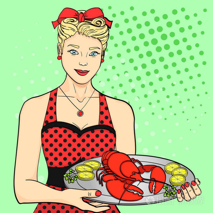 女主人, 厨师, 红色的侍者供应食物.一个女人正在盘子里放一只龙虾.