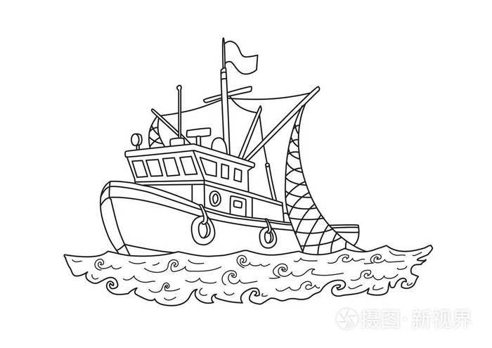 在海里捕鱼的小船.着色书的轮廓向量例证 被隔绝在白色
