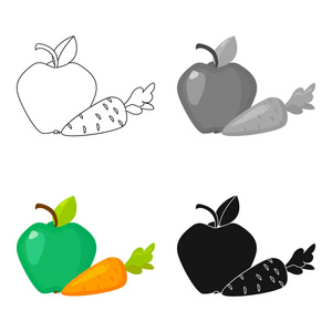 苹果胡萝卜图标在白色背景上孤立的卡通风格。牙科保健象征股票矢量图
