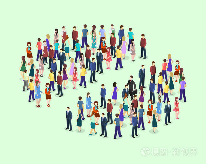 在绿色背景下的等距平板3d人人群
