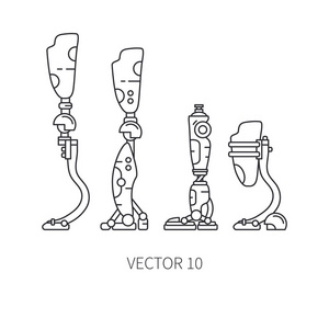 仿生机器人腿假肢线图标集。仿生假肢肢体。生物技术未来医学。未来的技术。医用人工机械机器人植入符号和符号。移植
