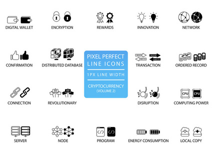 Cryptocurrency 比特币, 虚灵议会 细线矢量图标集。像素完美的图标, 1 像素线宽的最佳应用程序和 web 使