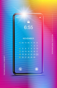 模板逼真的智能手机与渐变和屏幕锁定的颜色背景。带有渐变背景的 web 图标和日历集的电话。平面矢量插画 Eps 10