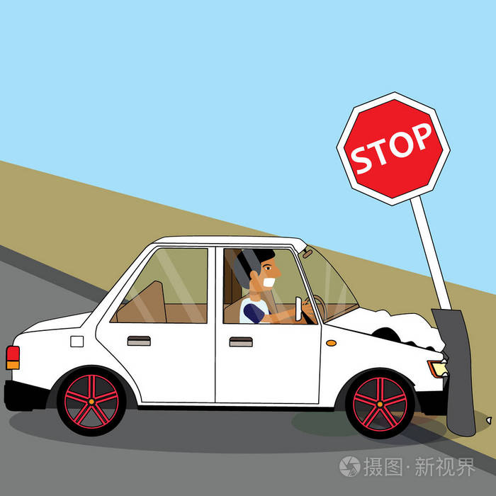 汽车司机碰撞交通标志杆