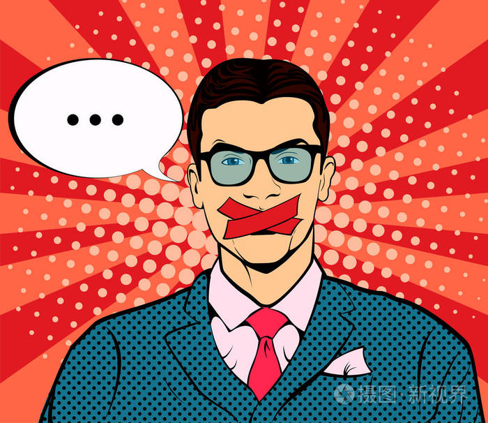 录音的嘴波普艺术复古矢量的男人.审查和言论自由.政策和人权问题