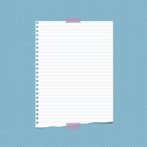 撕裂的白色衬里便笺, 笔记本纸的文本, 卡在平方蓝色背景。矢量插图