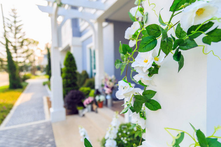 在柱子周围有白色花朵的人工常春藤与家