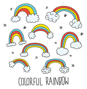 可爱的彩虹涂鸦无缝背景矢量浪漫爱情补丁涂鸦卡通风格.彩色彩虹与云.