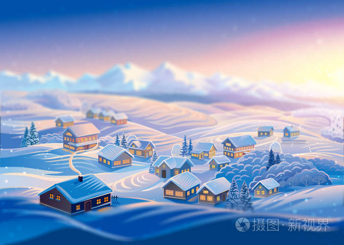 冬天的风景与村庄和丘陵, 山地森林在雪中.光栅插图