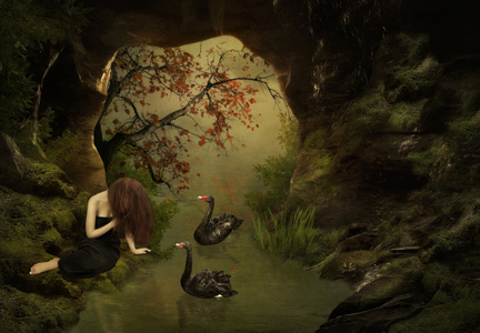 女孩天鹅女孩和黑天鹅照片