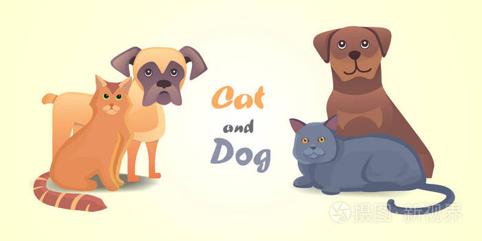 设置的猫和狗在一起卡通矢量字符.最好的朋友快乐的宠物.