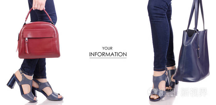 在牛仔裤和蓝色凉鞋中设置女性腿红色和蓝色皮革袋手袋时尚美容店购买模式