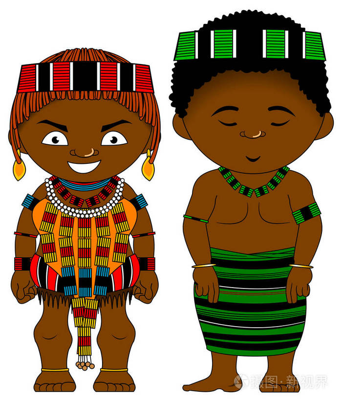 欢快的非洲夫妇从埃塞俄比亚hamer部落在非洲国家的衣服矢量插图