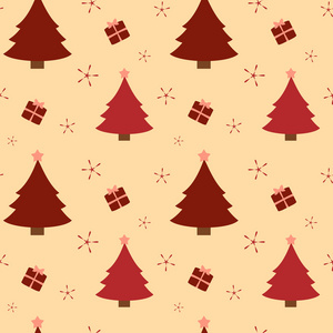 红色圣诞树和可爱的礼物无缝矢量图案bac