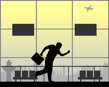 男子跑在机场, 因为他是在飞行迟到, 一个在一系列类似的图像剪影