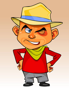 卡通漫画的人与一个帽子站在双手放在臀部,狡猾地眨着眼睛照片