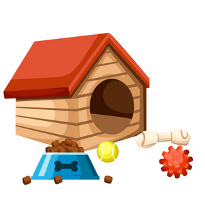 狗的房子和碗与食物。玩球和骨头。在白色背景上隔离的矢量插图。网站页面和移动应用程序设计