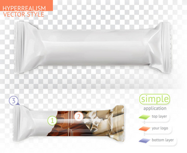 巧克力棒，白色聚乙烯包装。超级写实主义矢量风格简单的应用程序