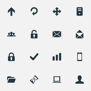 16 简单的练习图标集。可以发现这种元素作为统计 智能手机 打开的挂锁和其他