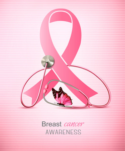 乳房癌认识丝带粉红的底色上。矢量