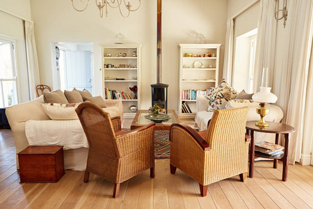 一个乡村风格的客厅的内部与椅子, 沙发和壁炉在一个明亮的住宅家