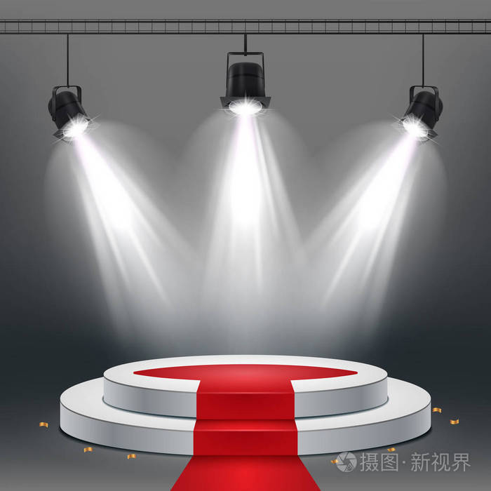 聚光灯照射下的白色讲台和红地毯的矢量图解
