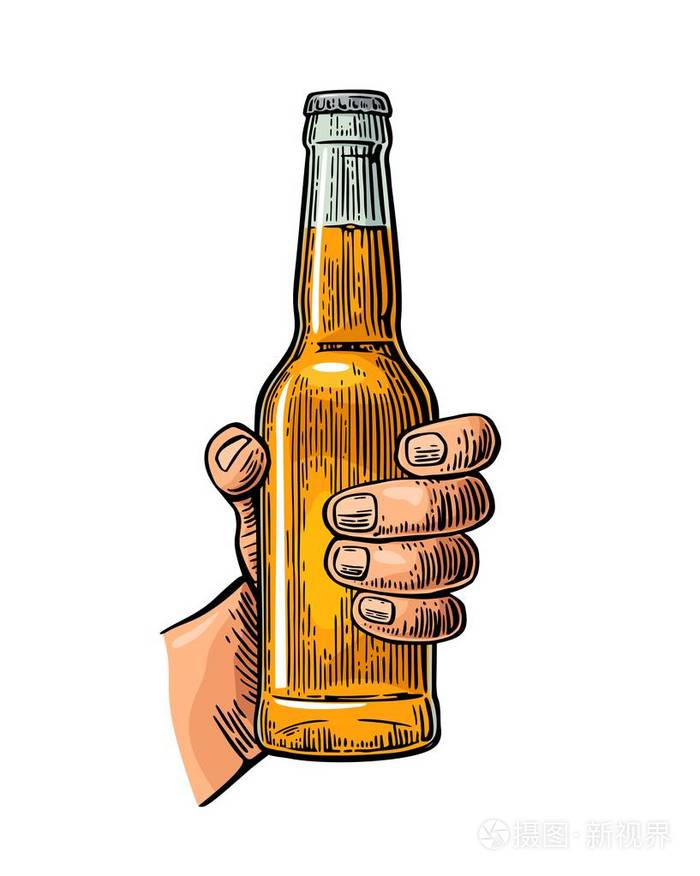 男手拿着瓶啤酒.颜色复古雕刻矢量图