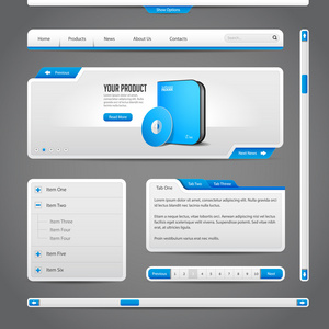 Web Ui 控件元素灰色和蓝色在深色背景上 导航栏 按钮 表格 滑块 消息框 菜单 选项卡