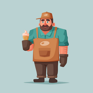 街头食品和饮料滑稽小贩.卡通矢量插画.卖家或厨师字符照片