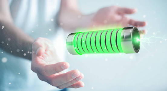商人使用绿色电池与闪电3d 渲染