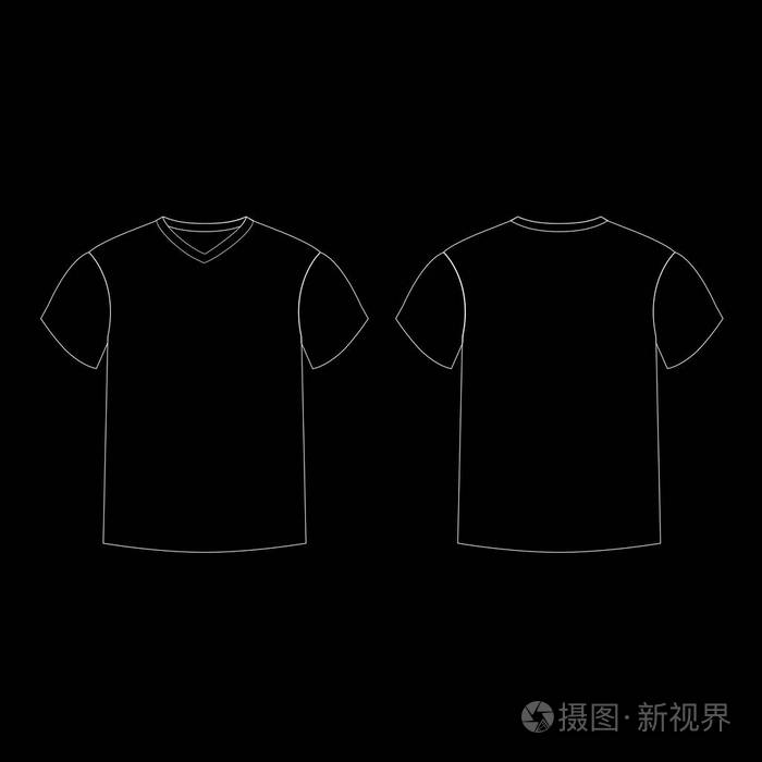 男士t恤模板 countur 的轮廓 v 型颈部正面和背面侧面视图黑色