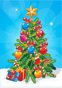 矢量圣诞树。明星，装饰球和灯泡链装饰圣诞树有很多的礼品盒。孤立在白色背景上的平面样式矢量图