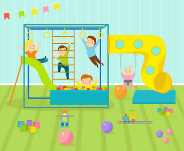 孩子游戏室光家具装饰操场和地板地毯装饰平面样式卡通舒适室内矢量图上的玩具