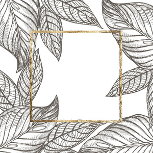 夏季热带叶矢量设计与金框架。花卉背景插图。邀请或卡片设计与丛林叶子