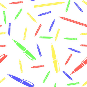 彩色钢笔和铅笔无缝图案。削尖铅笔为绘画。随机散落的学校配件