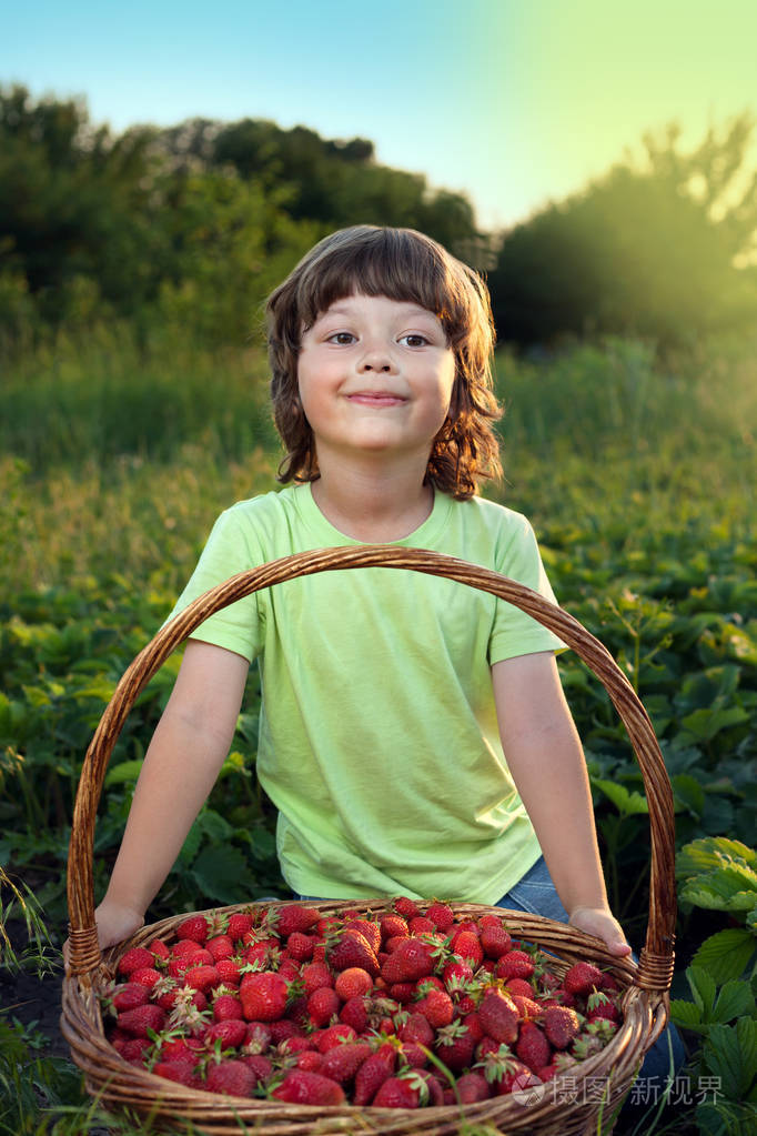 开朗的男孩提着篮子的浆果