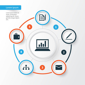 贸易图标集。皮夹 笔 合同和其他元素的集合。此外包括符号如签名，笔记本电脑，钱包
