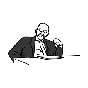 老秃头商人或经理坐在他的办公桌矢量插图素描手画与黑色线隔离在白色背景上