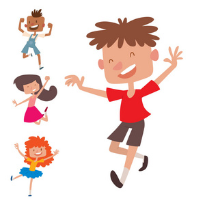 快乐的孩子在不同的位置大矢量跳跃欢快的儿童组和滑稽卡通孩子快乐的团队笑小人物