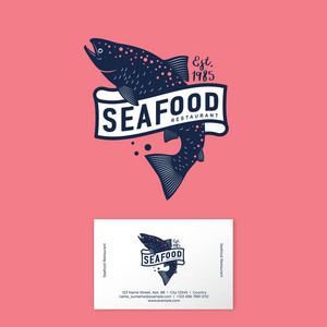 鱼和海鲜标识。海鲜餐厅。带字母的鲑鱼和丝带