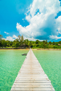 岛上有热带海滩和大海的木制码头或桥梁, 用于旅游度假
