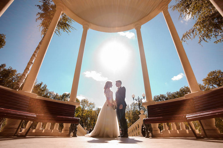 站在圆形大厅的新娘和新郎的底部视图照片