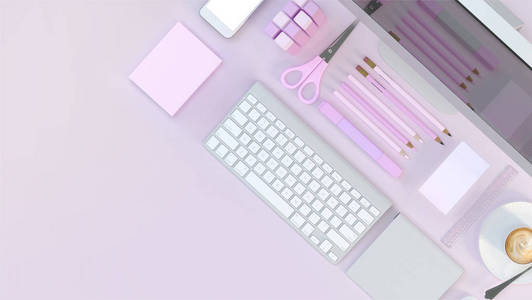 现代工作空间与电脑, 文具设置在粉红色的颜色背景。顶部视图。平躺。3d 插图