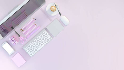现代工作空间与文具设置在粉红色的颜色背景。顶部视图。平躺。3d 插图