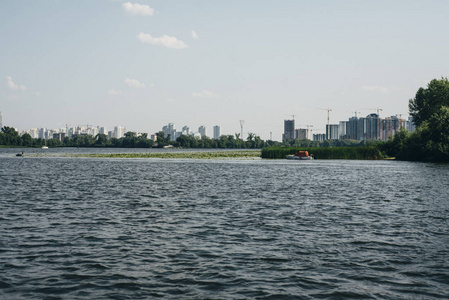 城市风景与河大厦树蓝天白云图片