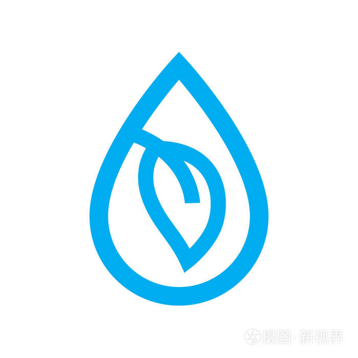 生态水图标.蓝色植物叶子在水滴标志