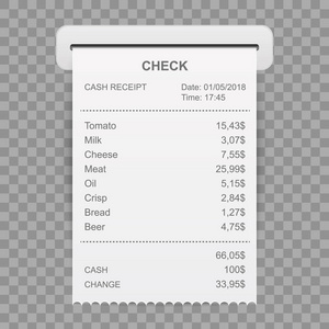 销售打印收据的创意向量插图。艺术设计账单 atm 检查。抽象概念图形财务要素。在背景样机文档列表中隔离