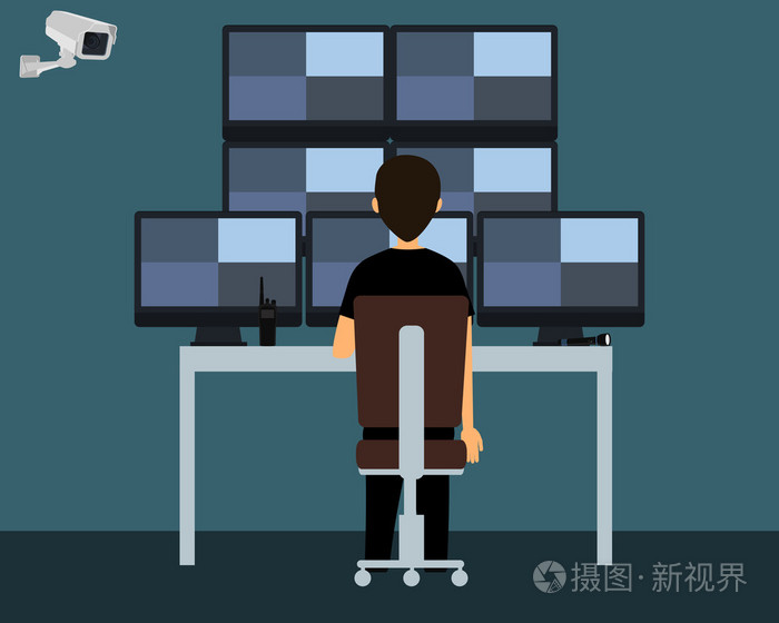 保安看着从监控摄像机的视频.矢量图