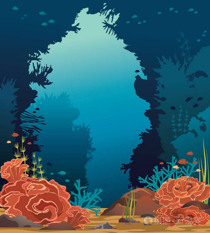 海景-水下洞穴, 珊瑚礁和鱼插画-正版商用图片0njfdo-摄图新视界